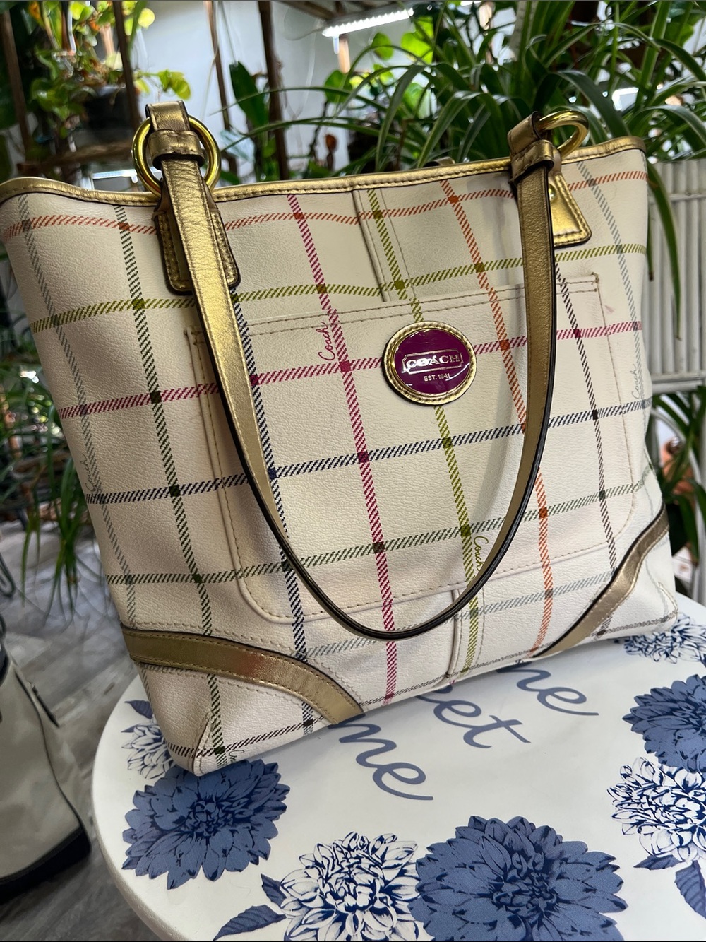 Coach Cream / tattersall and Gold Trim. Perfect Condition